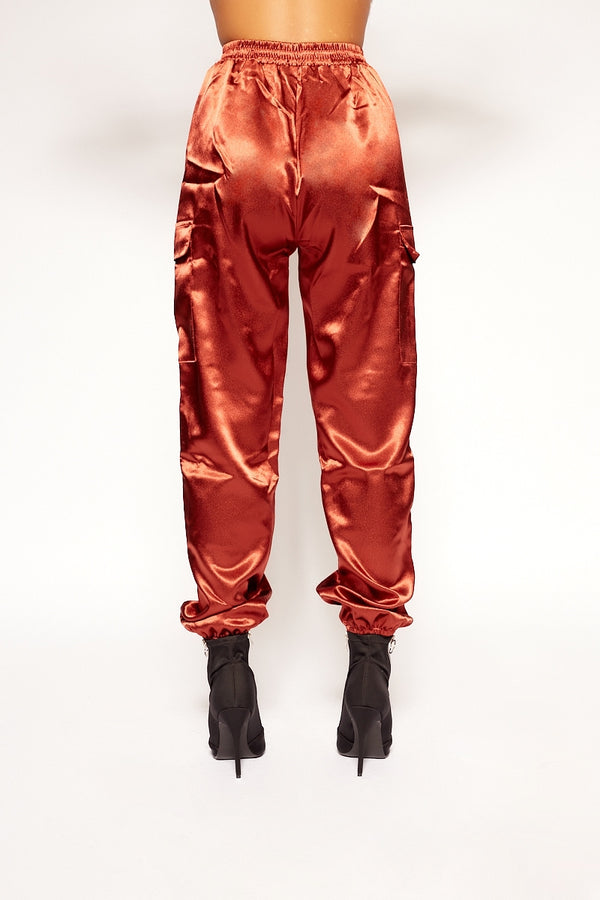 Harpa - Rust Satin High Waisted Utility Pants