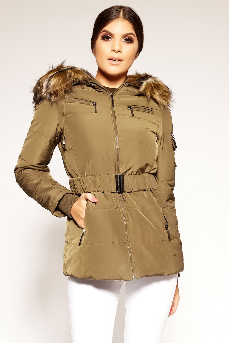 Mylene - Khaki Faux Fur Belted Parka Jacket 