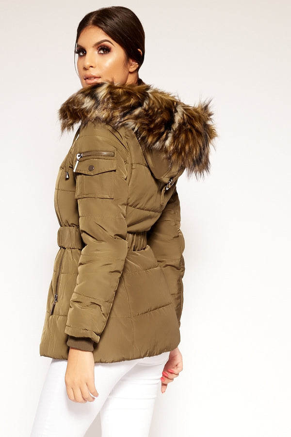 Mylene - Khaki Faux Fur Belted Parka Jacket