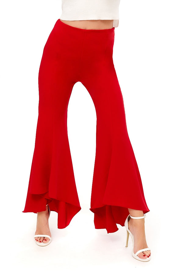 Emily - Red Asymetric Flared Trousers