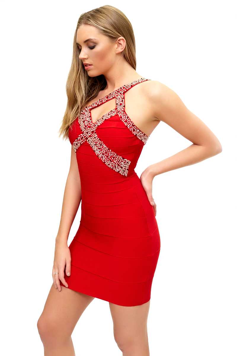 New York - Red One Shoulder Embellished Bandage Dress