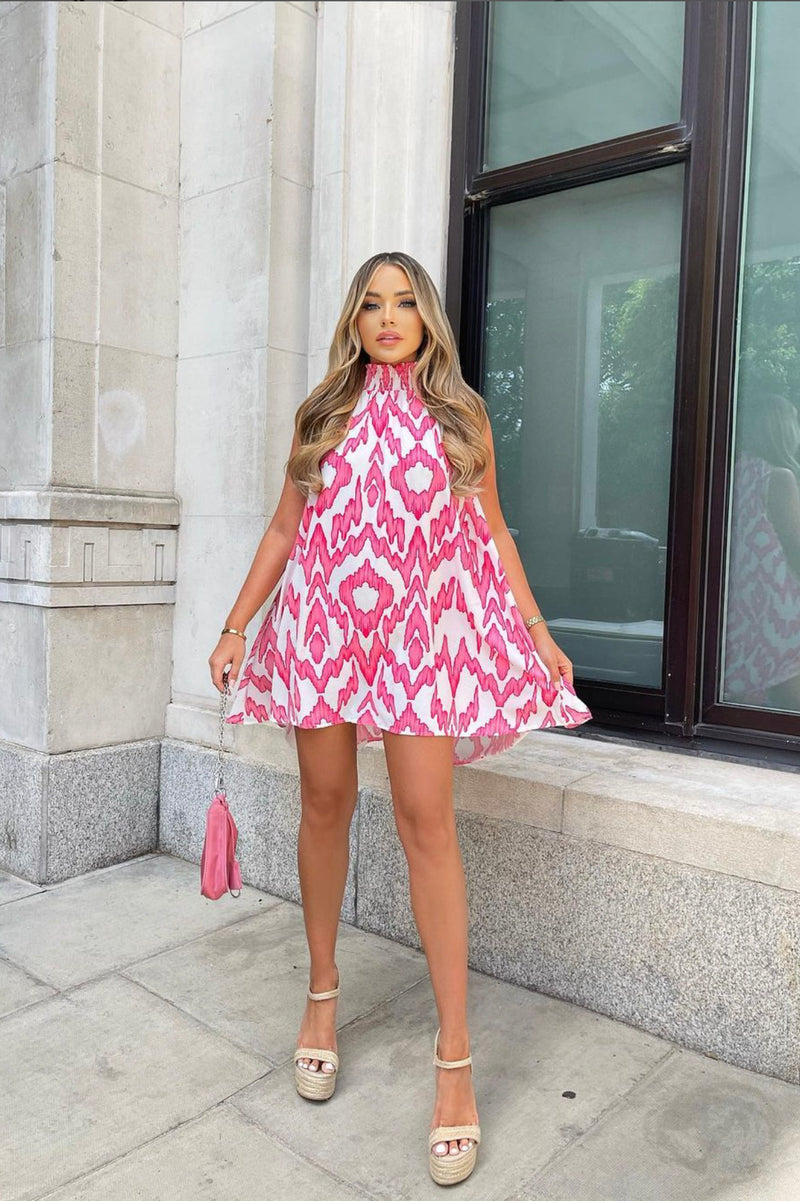 Opal - White & Pink Printed High Neck Mini Dress