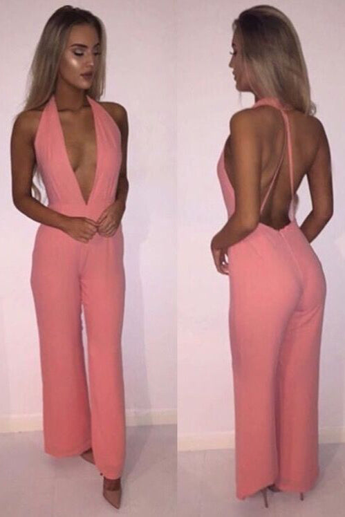 Malibu - Pink Plunge Backless Jumpsuit