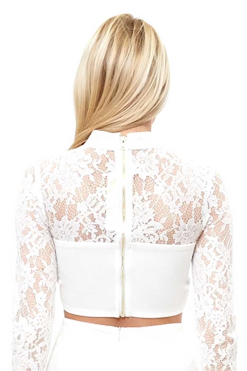 Shauna - White Lace Long Sleeve Choker Neck Crop Top