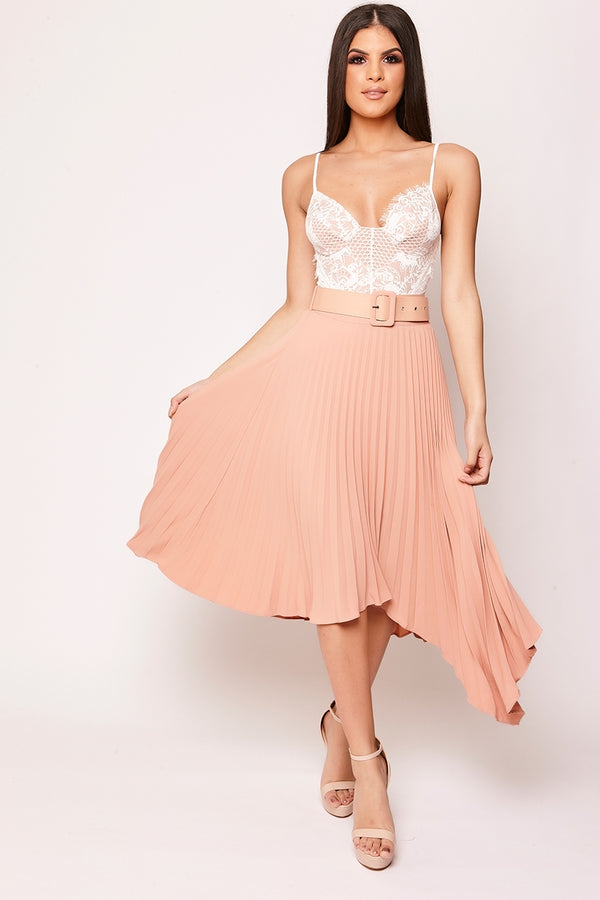 Starla - Nude High Waisted Belted Pleated Skirt