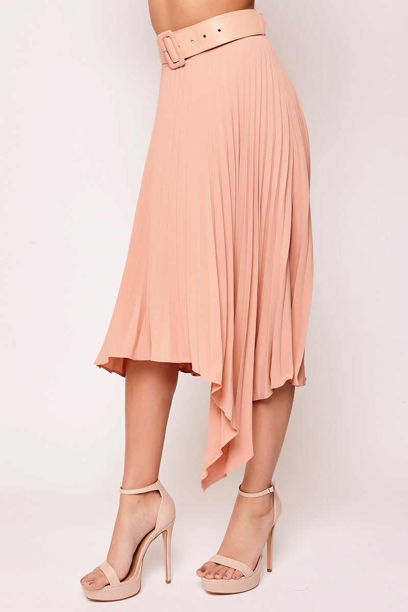 Starla - Nude High Waisted Belted Pleated Skirt