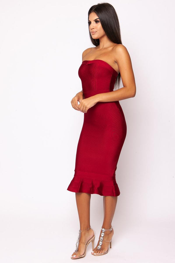 Pennie - Wine Strapless Fishtail Bandage Midi Dress