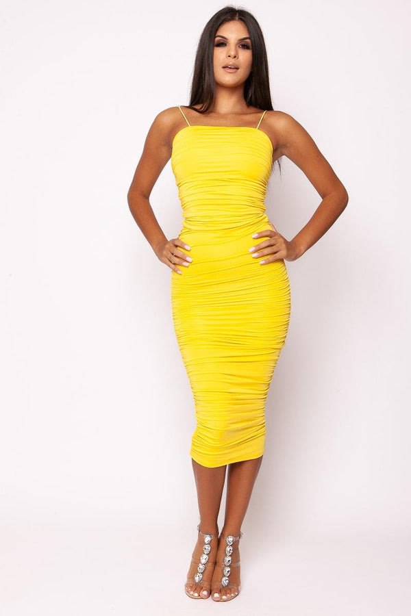 Gisella - Yellow Ruched Strappy Midi Dress