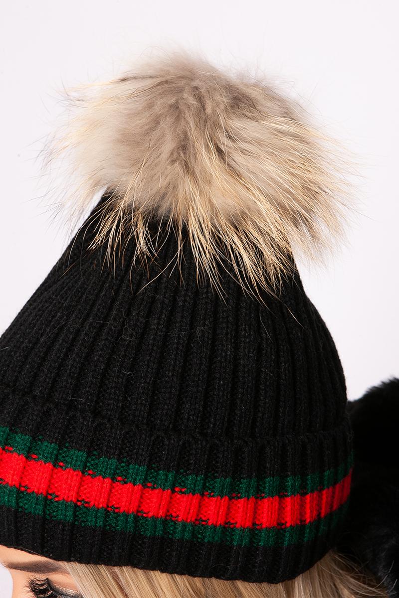 Emile - Black Striped Faux Fur Bobble Hat