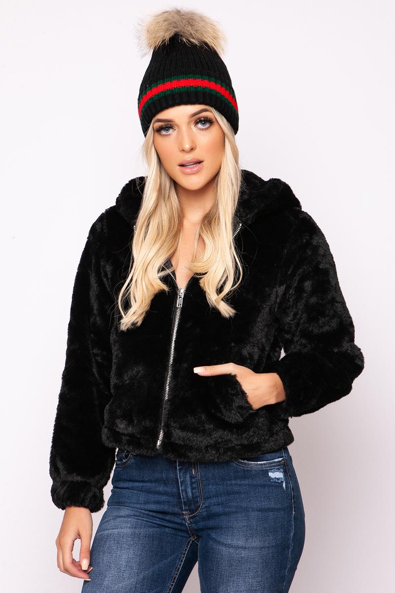 Emile - Black Striped Faux Fur Bobble Hat