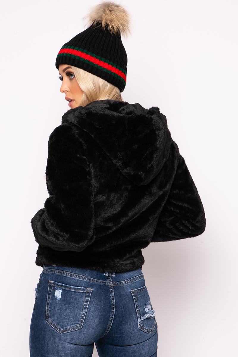 Emile - Black Striped Faux Fur Bobble Hat