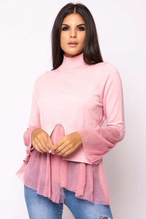 Neave - Pink Longe Sleeve & Tulle Hem Jumper 