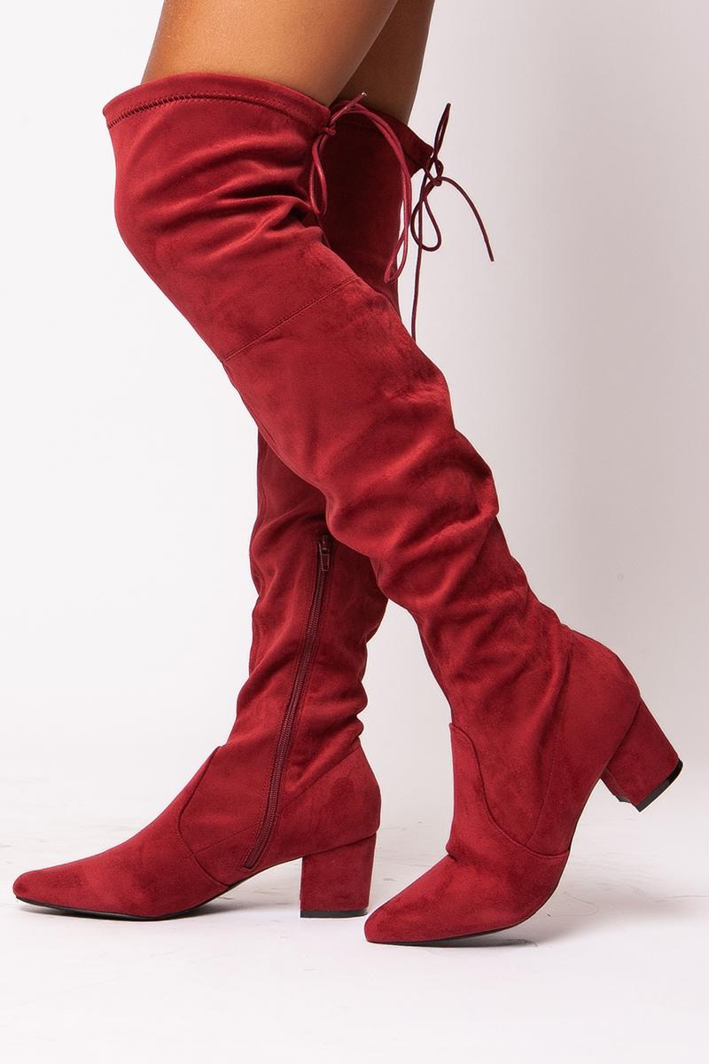 Bramble - Wine Pointed Toe Over The Knee Lace Up Boot