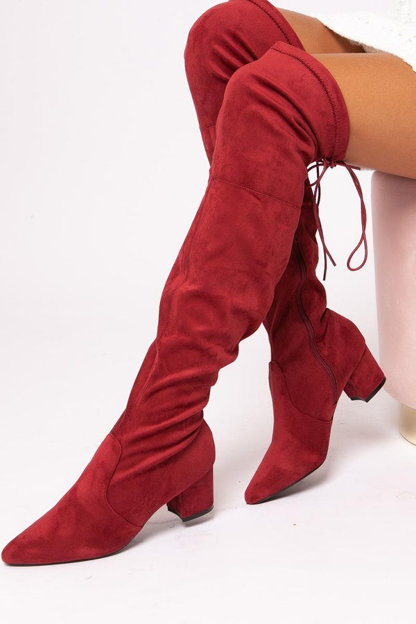 Bramble - Wine Pointed Toe Over The Knee Lace Up Boot