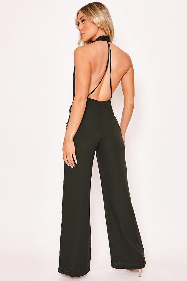 Malibu - Black Halterneck Plunge Backless Jumpsuit 