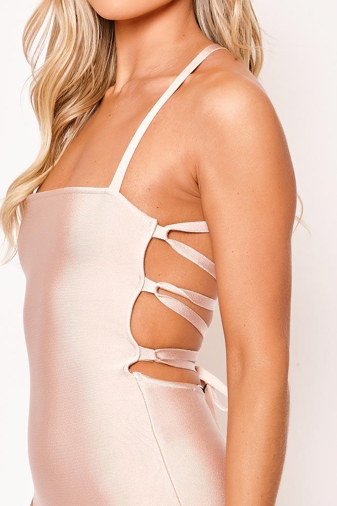 Bryoni - Nude Lace Up Backless Bandage Midi Dress