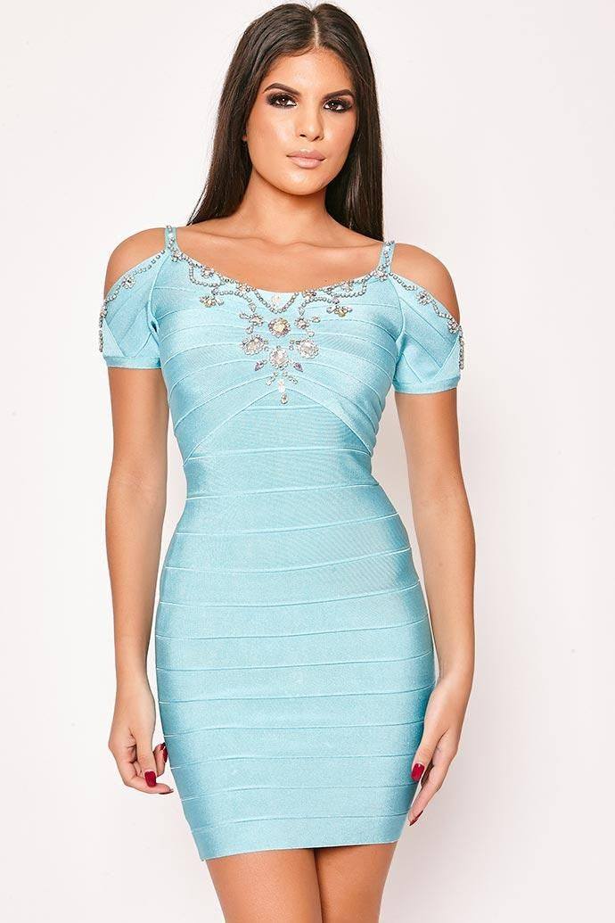 San Francisco - Aqua Embellished Off The Shoulder Bandage Dress