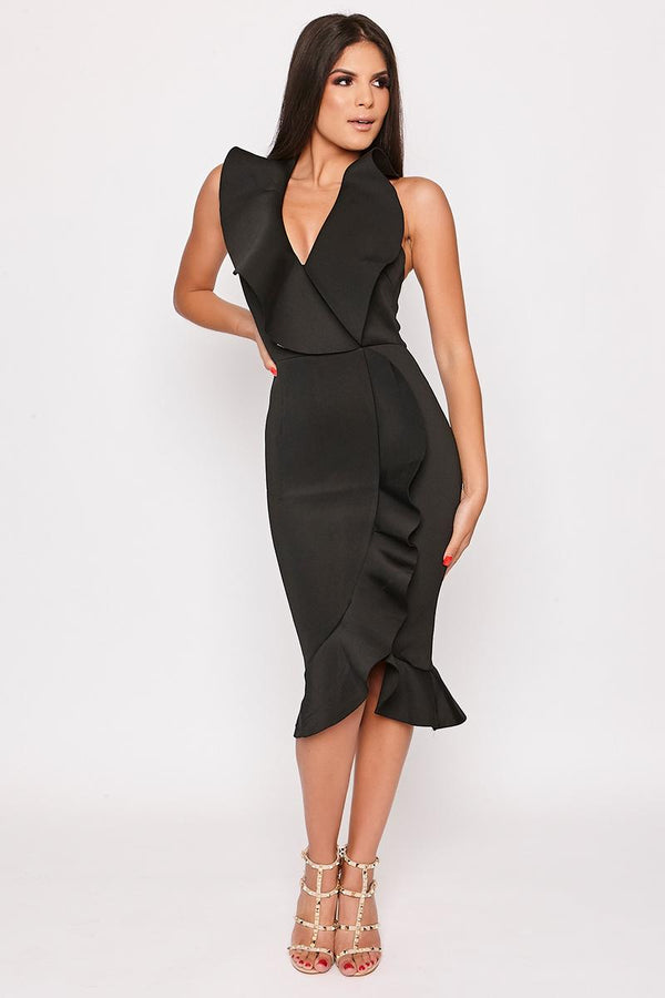 Aleeyah - Black Halterneck Plunge Frill Scuba Bodycon Dress