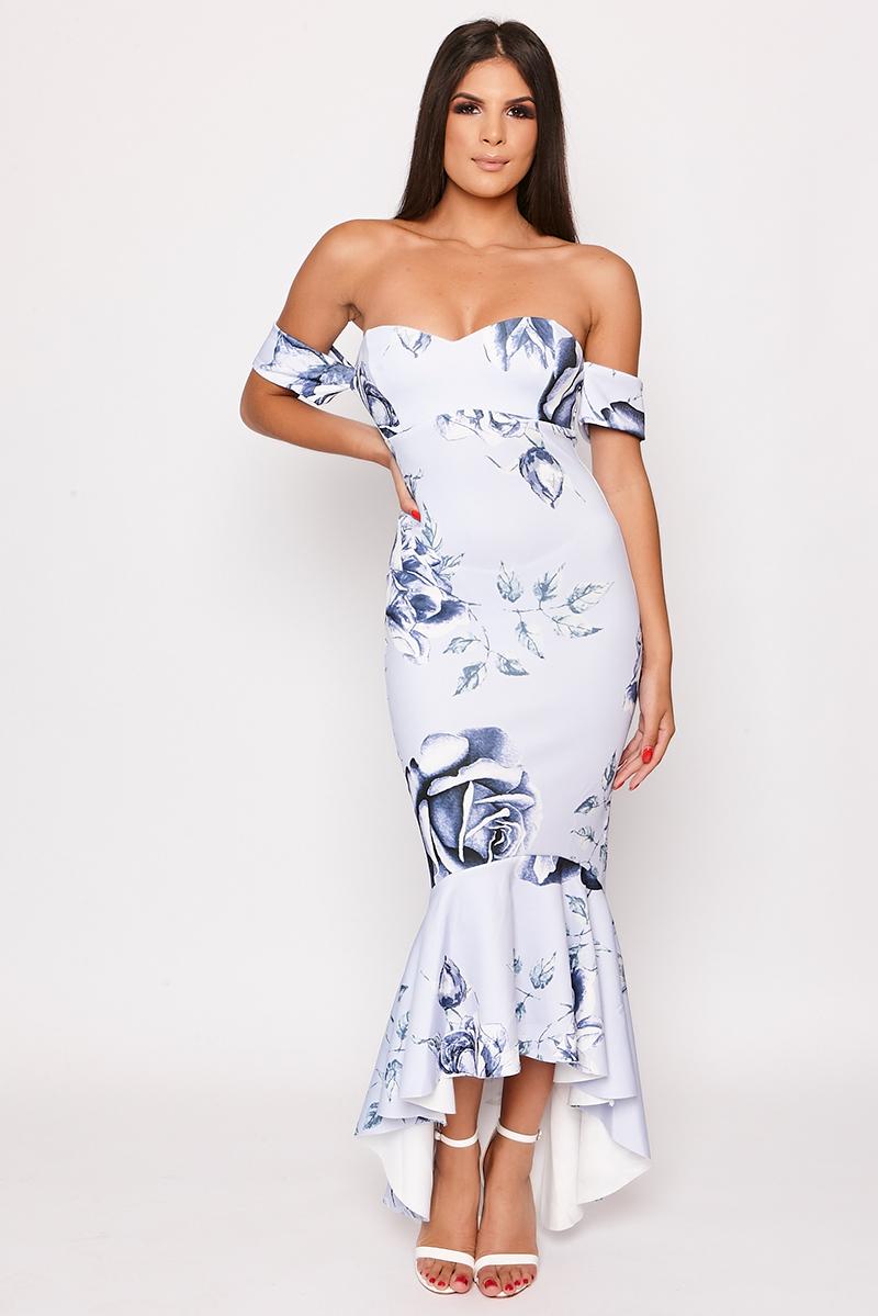 Joules - Blue Floral Print Bandeau Fishtail Dress