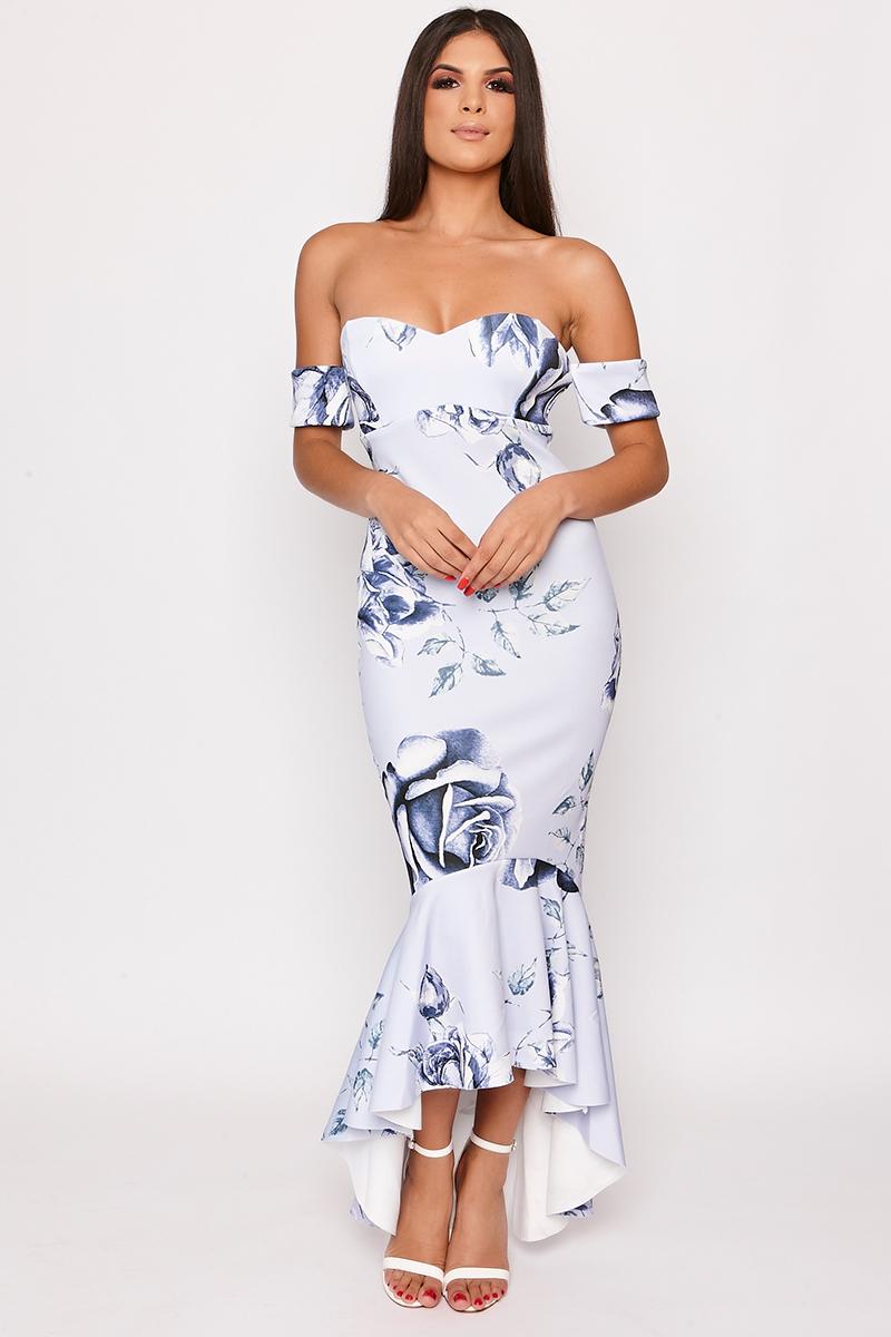 Joules - Blue Floral Print Bandeau Fishtail Dress