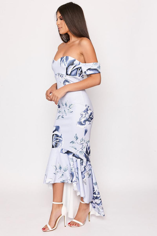 Joules - Blue Floral Print Bandeau Fishtail Dress