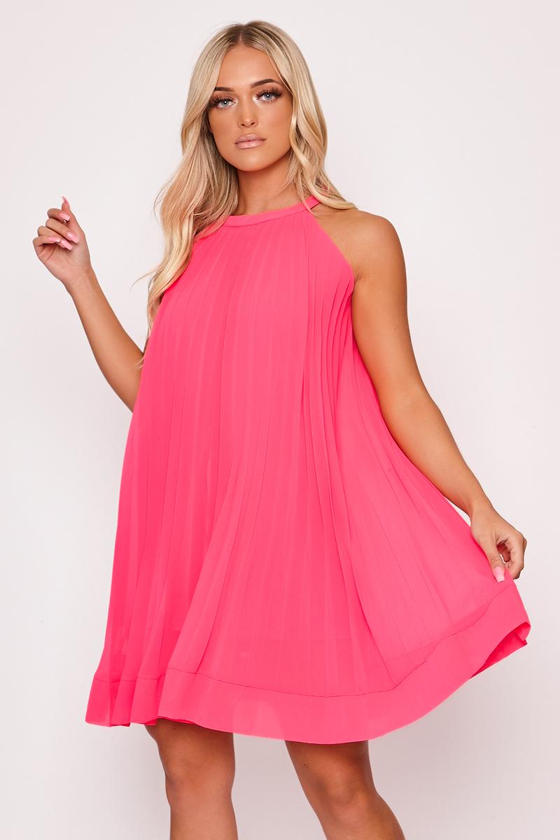 Sonya - Hot Pink Halterneck Swing Dress