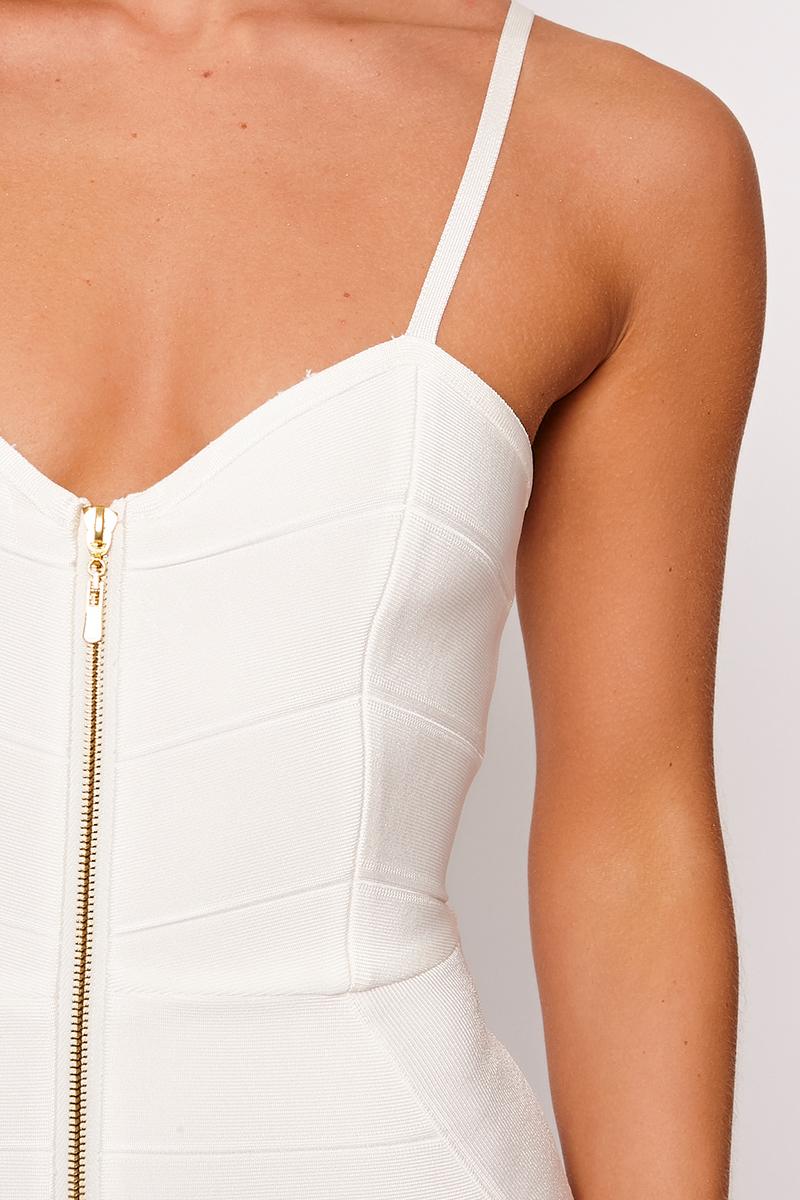 Jenna - White Zip Front Bandage Midi Dress