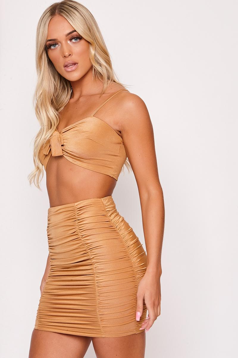 Bethanne - Tan Ruched Tie Front Two Piece Set